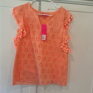 NWT Lilly Pulitzer Orange Eyelet Lace Blouse with Pom-Pom Sleeves